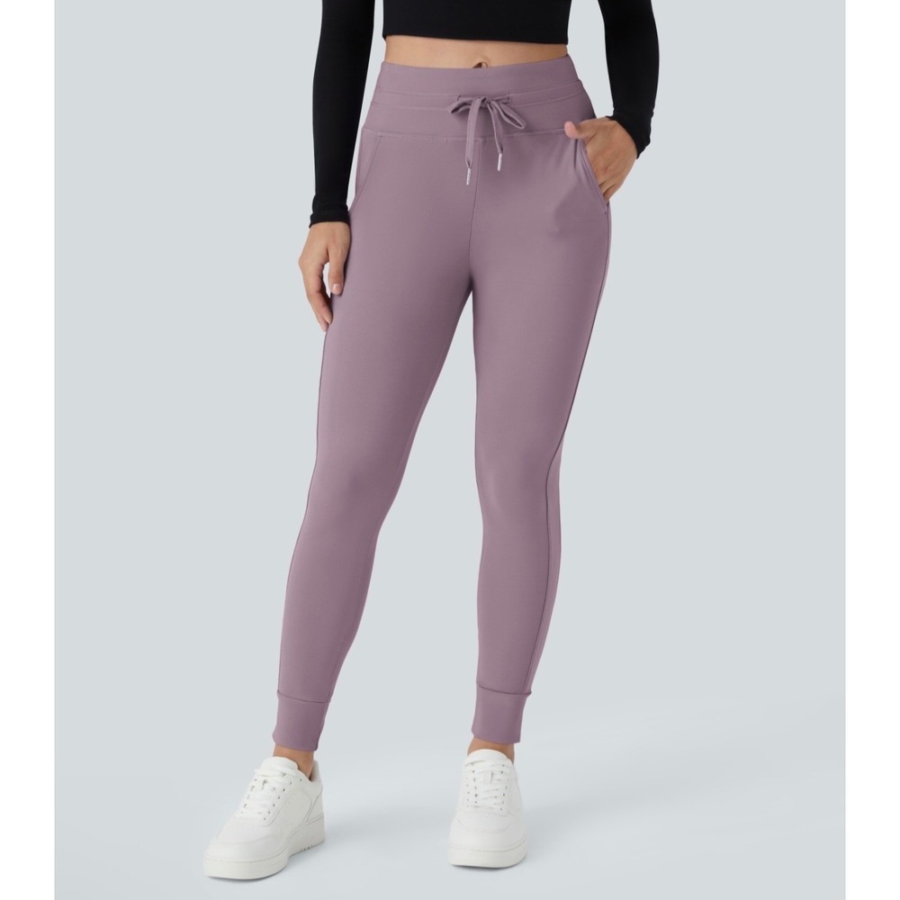 Halara Joggers Women Medium Petite Mauve High Waisted Drawstring Zipper Pockets
